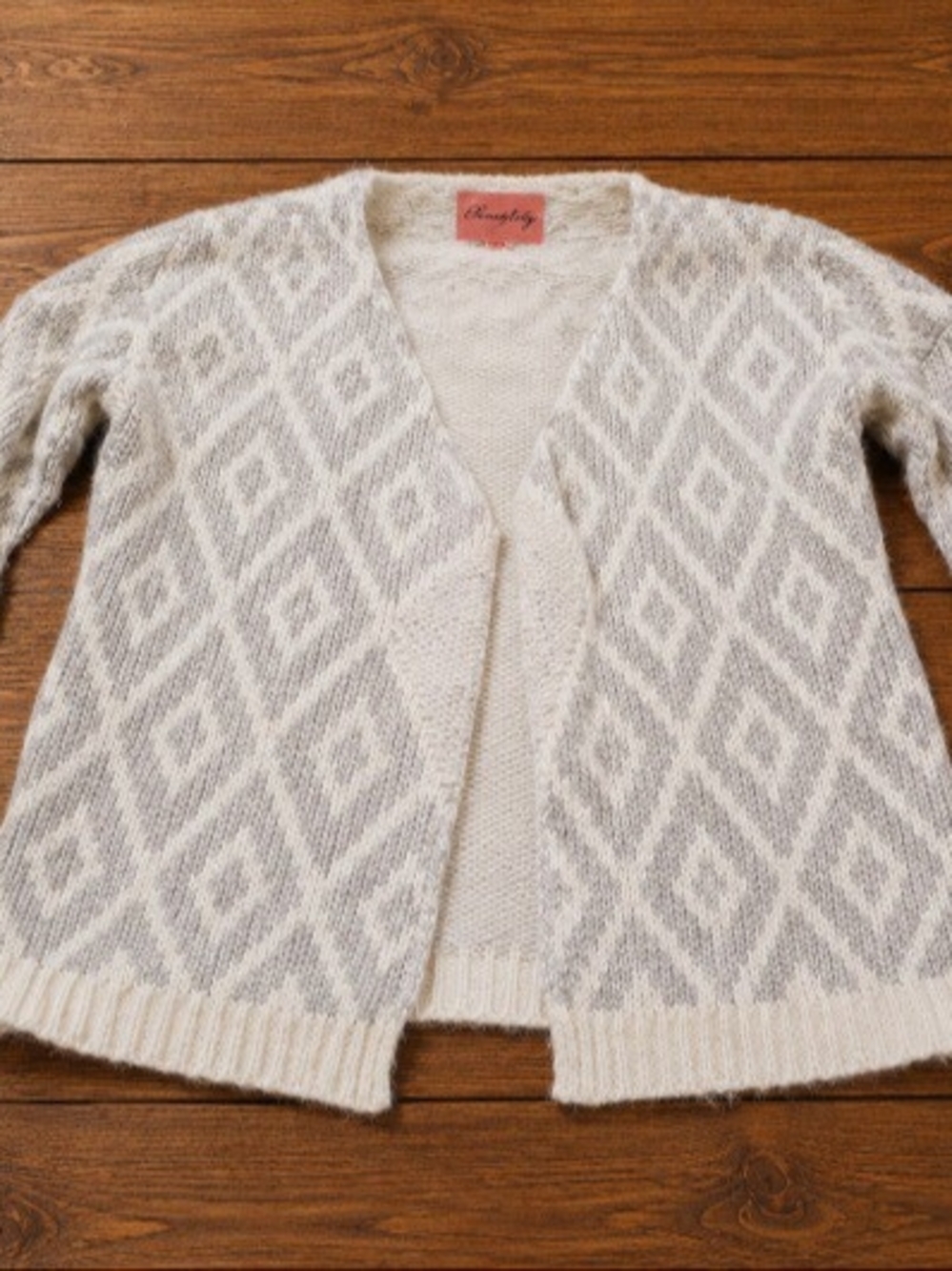 Open-Front Diamond Pattern Cardigan - Light Gray - Picture 3 of 3